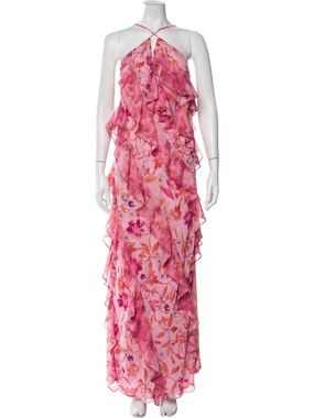 Misa Los Angeles - Floral Print Long Dress - Metallic and Pink - Size L